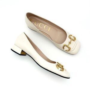 GUCCI Baby Bit Horsebit Ballet Flat Square Toe Size 39.5 US 9.5 White Block Heel
